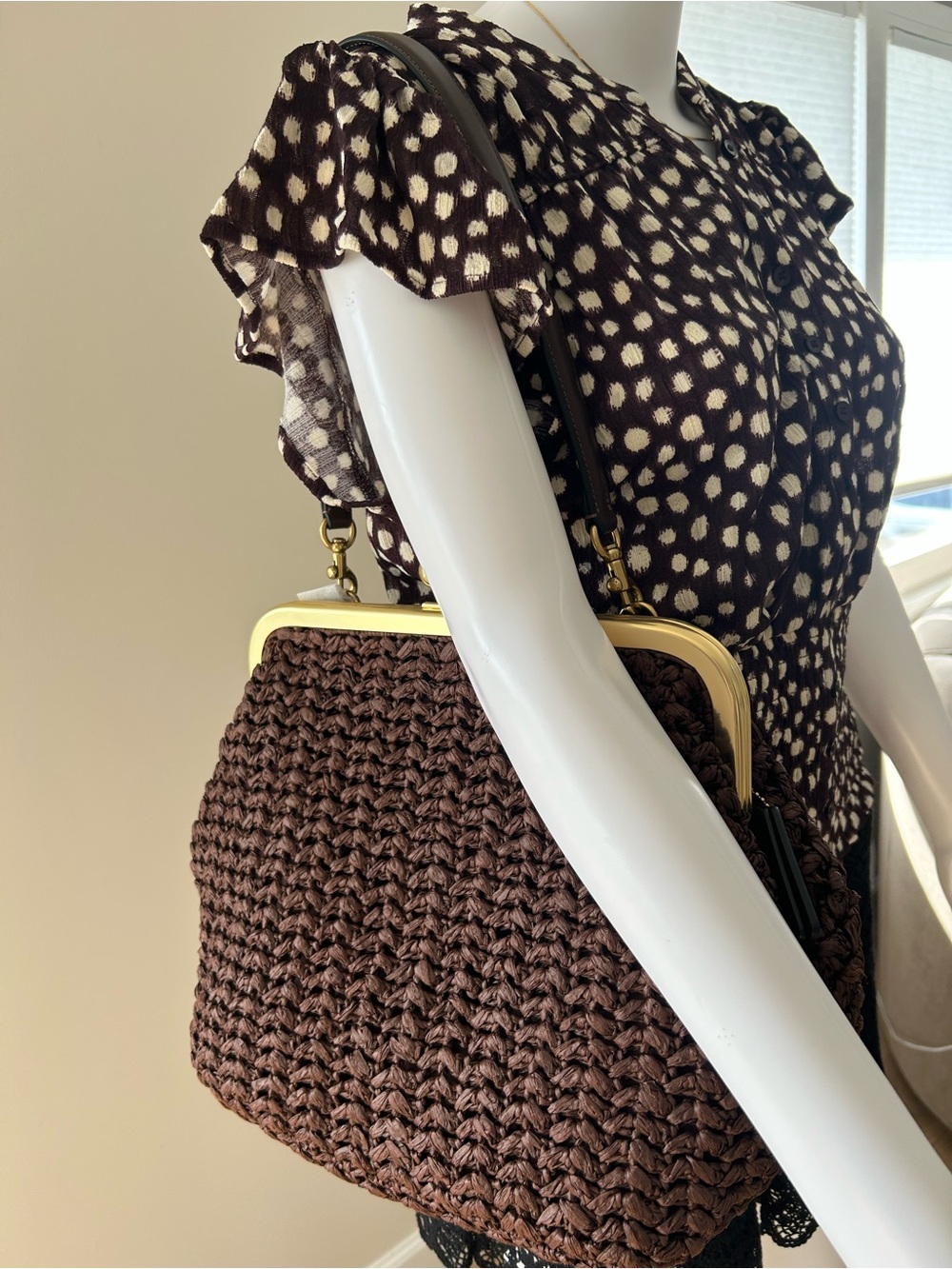 Coach Brown Woven Shoulder Bag with Gold Frame